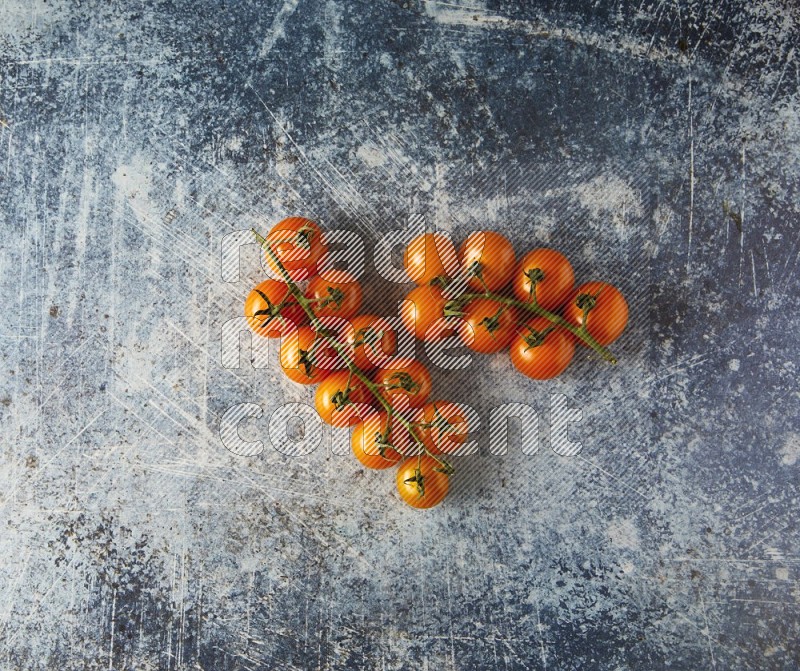 Single cherry tomato vein topview on a rustic blue background