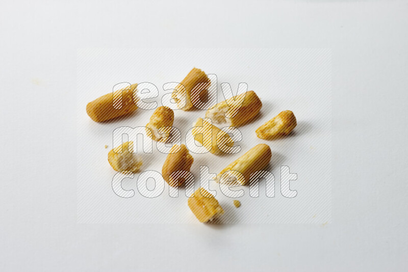 Assorted snacks on white background