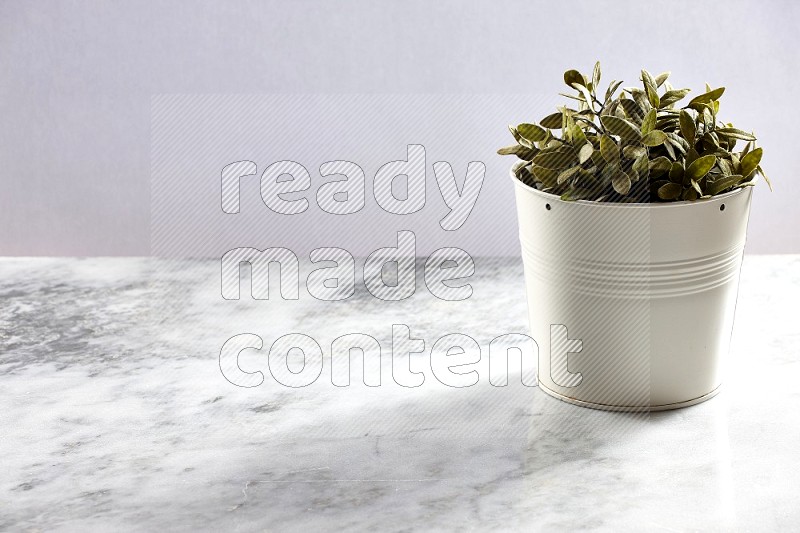 Artificial Plant in White pot on Light Grey Marble Background 45 degree angle
