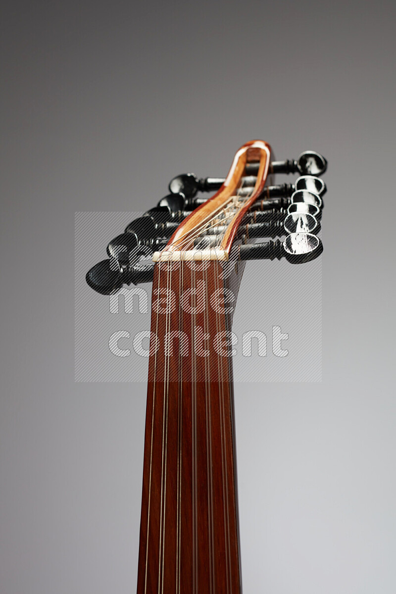 parts of a brown wooden Oud in a gray background