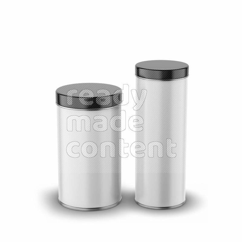 Glossy metal tin can mockup with black metal lid and label isolated on white background 3d rendering