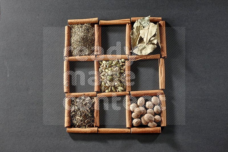 9 squares of cinnamon sticks full of cardamom in the middle surrounded by nutmeg, cinnamon, bay laurel leaves, cloves, cumin, dried ginger, dried basil and star anise on black flooring