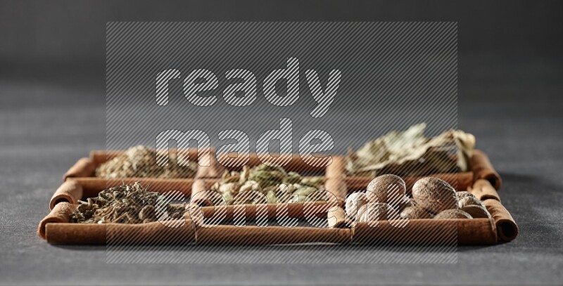 9 مربعات من أعواد القرفة ممتلئة بالهيل في المنتصف محاطة بجوزة الطيب والقرفة وأوراق الغار والقرنفل والكمون والزنجبيل المجفف والريحان المجفف واليانسون على أرضية سوداء