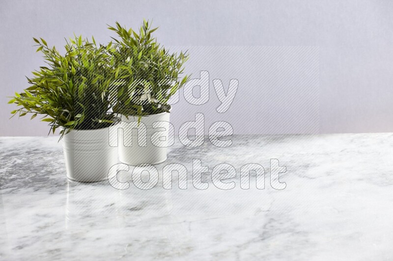 Two green artificial plants in white pot on grey marble background