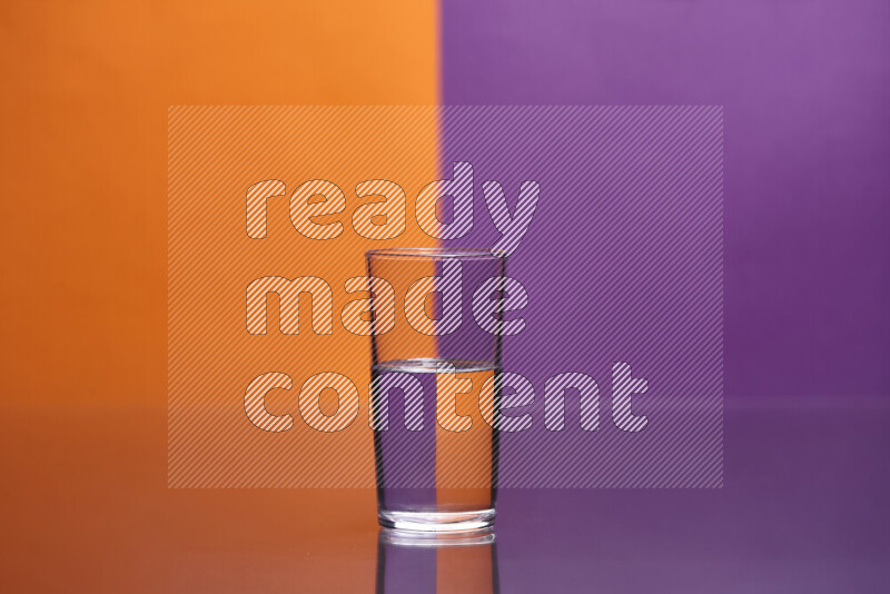 The image features a clear glassware filled with water, set against orange and purple background