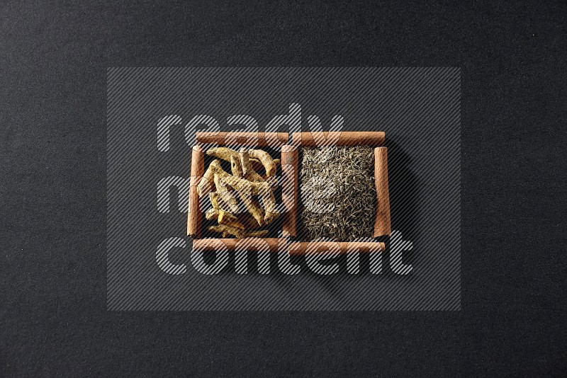 2 squares of cinnamon sticks full of cumin and turmeric fingers on black flooring