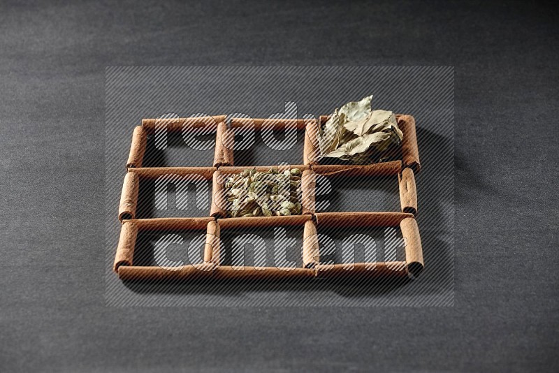 9 squares of cinnamon sticks full of cardamom in the middle surrounded by nutmeg, cinnamon, bay laurel leaves, cloves, cumin, dried ginger, dried basil and star anise on black flooring