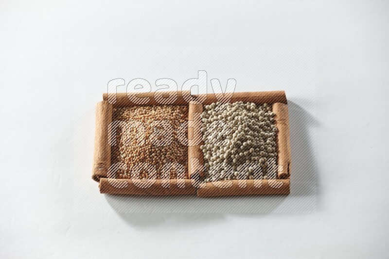 2 squares of cinnamon sticks full of mustard seeds and white pepper on white flooring