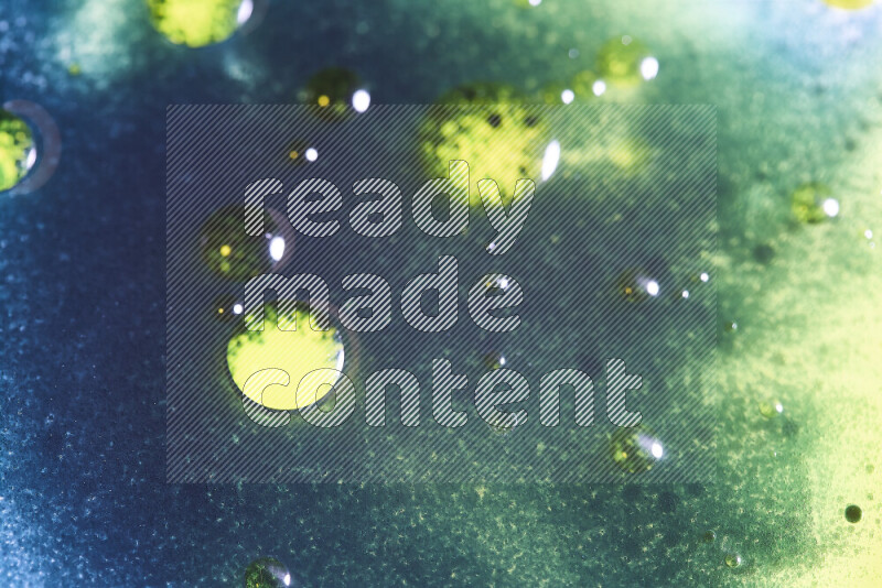 لقطات مقربة لقطرات ألوان مائية صفراء وزرقاء وخضراء على سطح الزيت على خلفية بيضاء