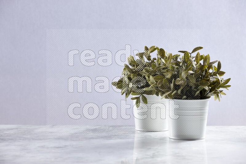 Two green artificial plants in white pot on grey marble background