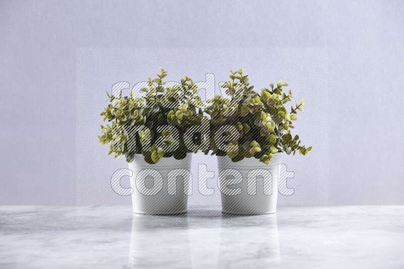 Two green artificial plants in white pot on grey marble background