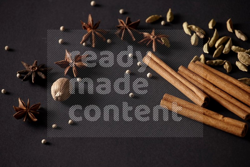 Cinnamon sticks, cardamom, star anise, nutmeg and white peppers on a black background