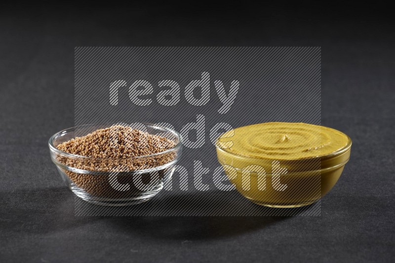 2 glass bowls, one full of mustard seeds and the other full of mustard paste on black flooring in different angles