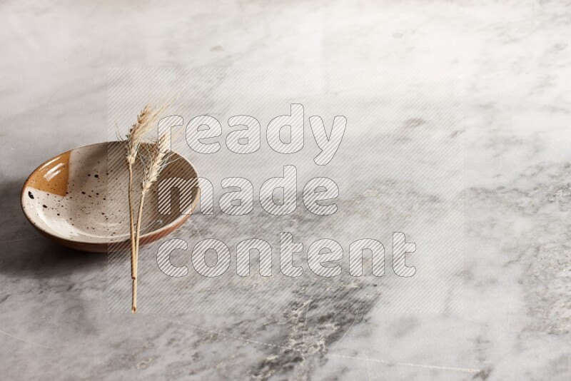 Wheat stalks on multicolored pottery plate on grey marble background