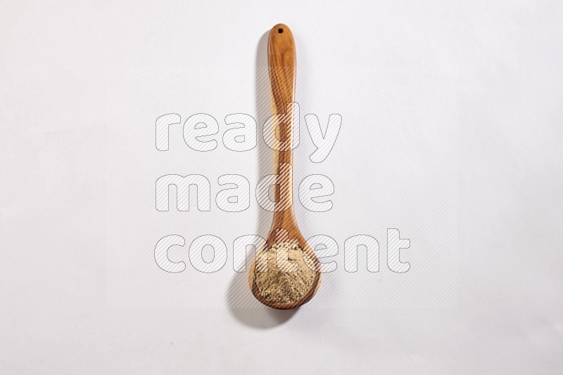 A wooden ladle full of garlic powder on a white flooring
