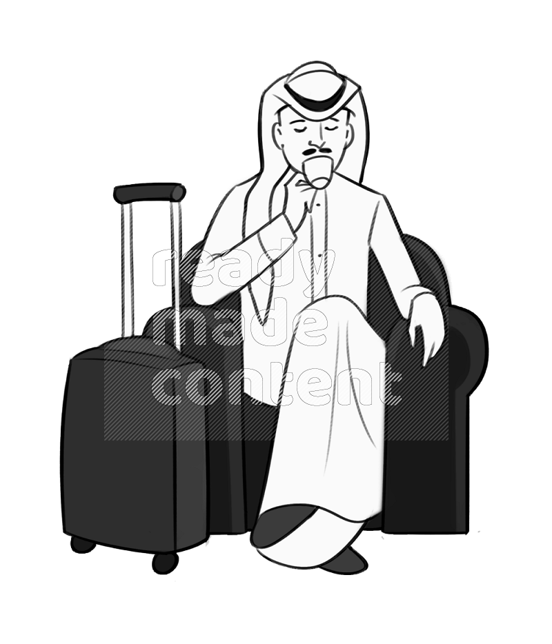 Saudi man drinking setting on an armchair by cabin suitcase different angles eye level