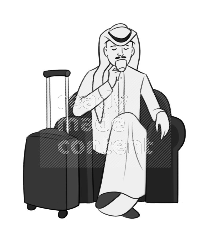 Saudi man drinking setting on an armchair by cabin suitcase different angles eye level