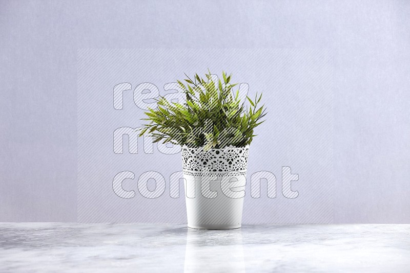 Artificial Plant in White Decorative Pot on Light Grey Marble Flooring 15 degree angle