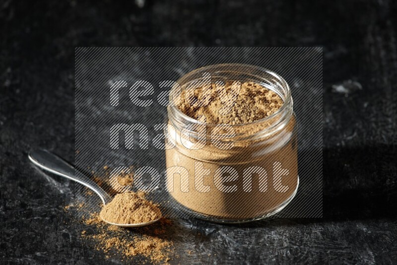 A glass jar and a metal spoon full of allspice powder on a textured black flooring