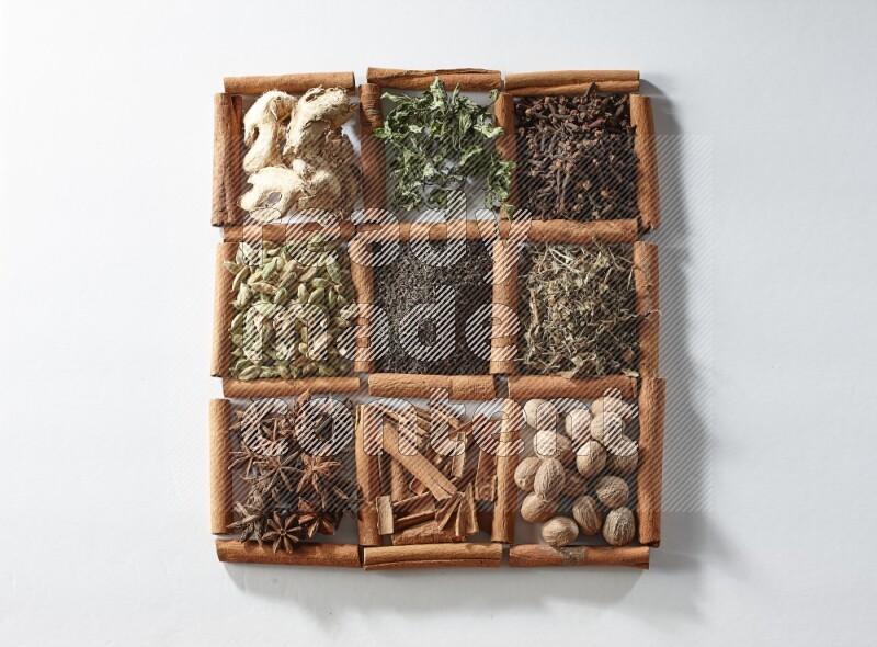 9 مربعات من أعواد القرفة ممتلئة بالشاي في المنتصف محاطة بجوزة الطيب والنعناع المجفف والقرنفل والريحان المجفف والزنجبيل المجفف والقرفة واليانسون والهيل على أرضية بيضاء
