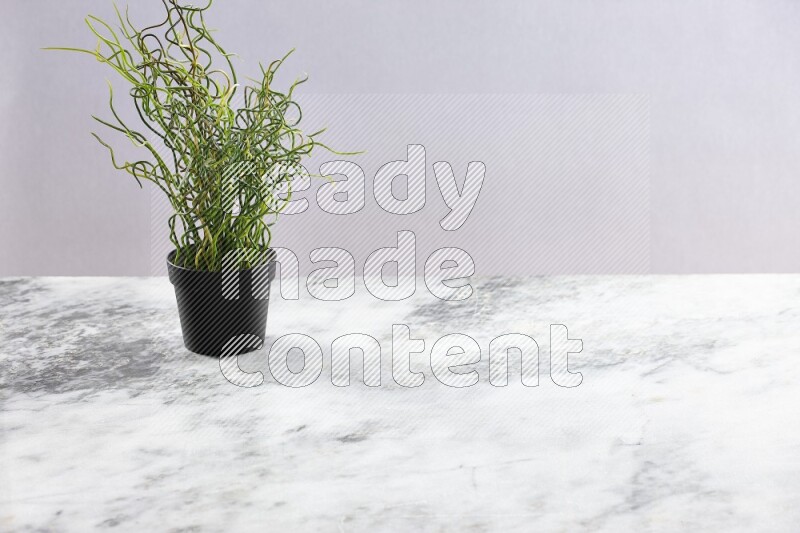 Green artificial plant in black pot on grey marble background
