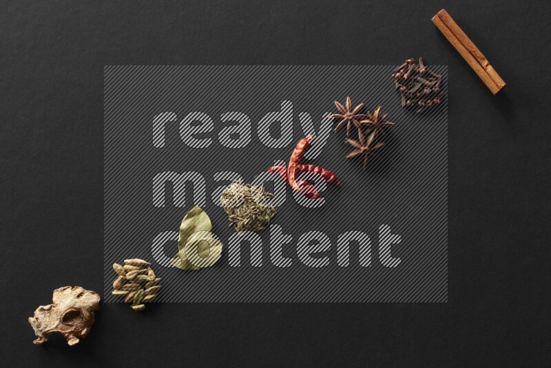 Cinnamon, cloves, star anise, chilis, cumin, laurel leaves bay, cardamom and ginger lined on a black background