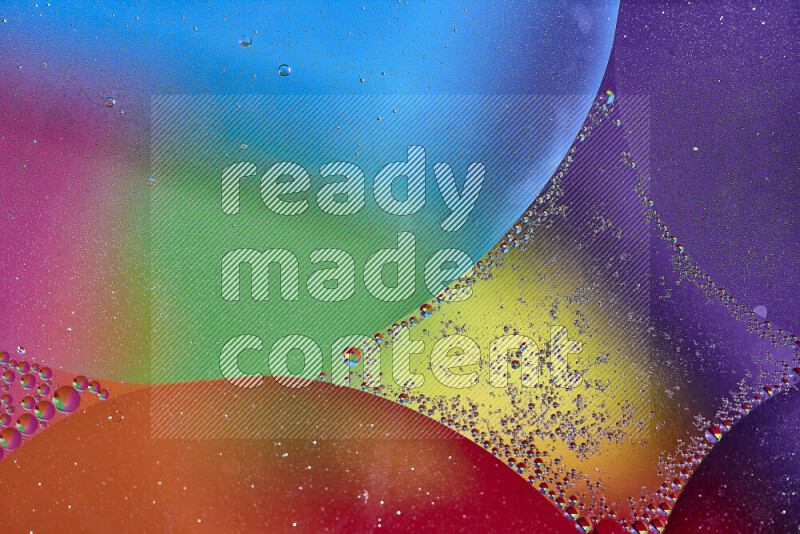 Close-ups of abstract oil bubbles on water surface in multicolors