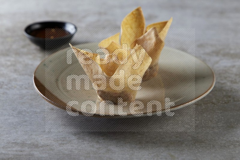 wonton cups with soy sauce ramkin on multi colored pottery on grey textured counter top