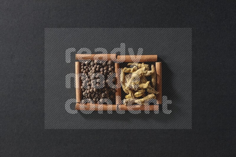 مربعان من أعواد القرفة ممتلئان ببهار الفلفل الحلو وأصابع الكركم علي خلفية سوداء