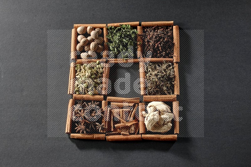 9 squares of cinnamon sticks, the middle square is empty and surrounded with dried mint, dried ginger, cardamom, star anise, cinnamon, nutmeg, dried basil and cloves on black flooring