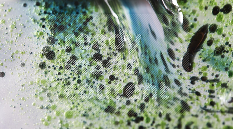 لقطات مقربة لقطرات ألوان مائية خضراء وزرقاء على سطح الزيت على خلفية بيضاء