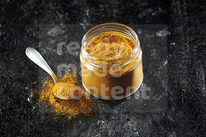 A glass jar and a metal spoon full of turmeric powder on a textured black flooring