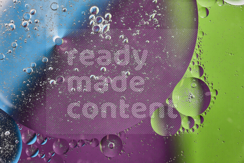 Close-ups of abstract oil bubbles on water surface in shades of purple, green and blue