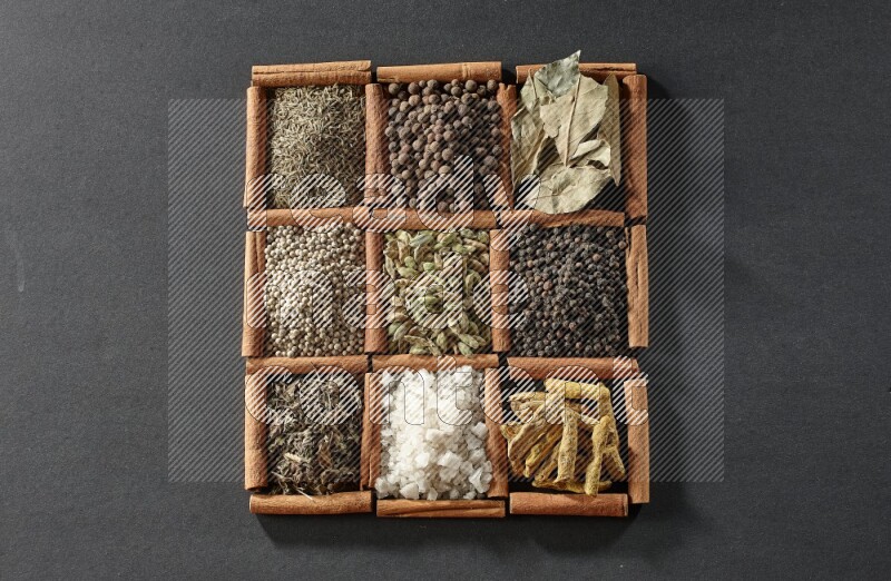 9 squares of cinnamon sticks full of cardamom in the middle surrounded by turmeric fingers, black pepper, bay laurel leaves, allspice, cumin, white pepper, dried basil and salt on black flooring