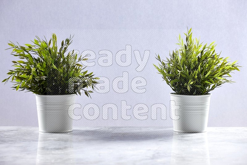 Two Artificial Plants in White Pot on Light Grey Marble Flooring 15 degree angle