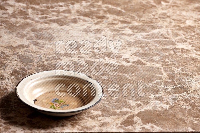 Vintage Metal Plate on Beige Marble Flooring, 45 degrees