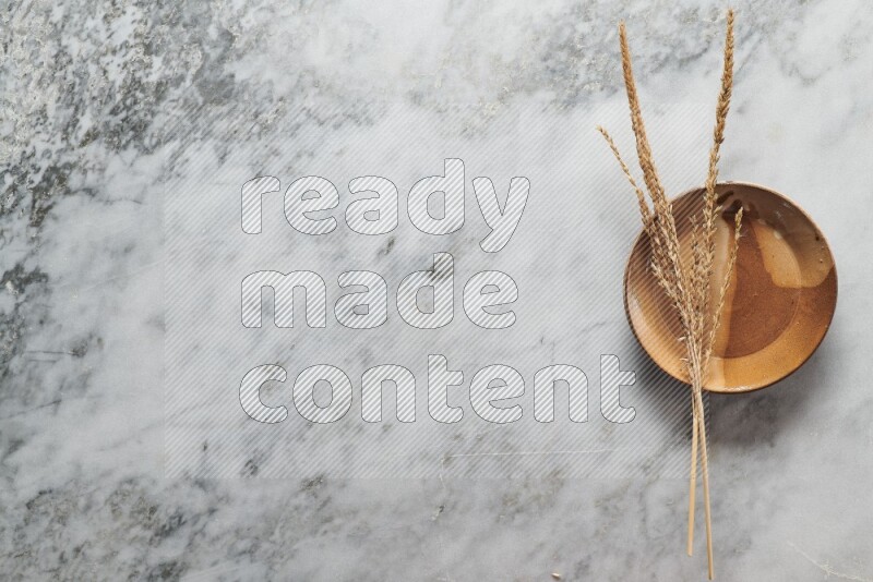 Wheat stalks on multicolored pottery plate on grey marble background
