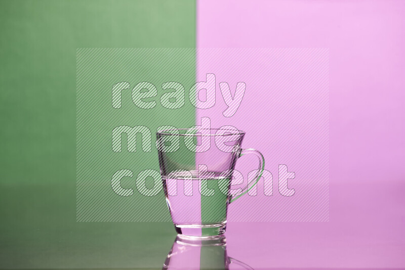 The image features a clear glassware filled with water, set against green and light purple background