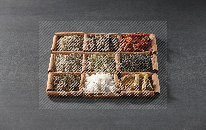 9 squares of cinnamon sticks full of cardamom in the middle surrounded by turmeric fingers, black pepper, chilis, allspice, cumin, white pepper, dried basil and salt on black flooring