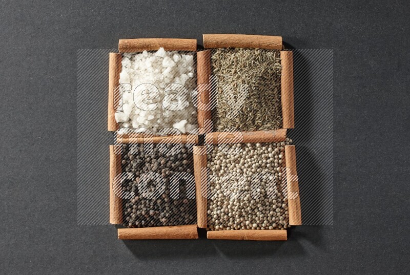 4 squares of cinnamon sticks full of black pepper, cumin, white pepper and white salt on black flooring
