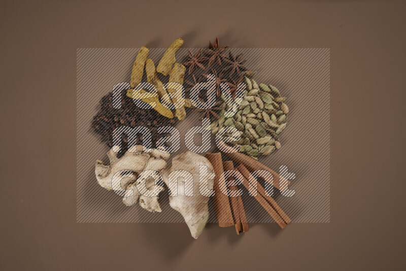 An assorted whole spices including fresh and dried ginger, cinnamon sticks, cardamom, turmeric fingers, cloves, star anise on beige background