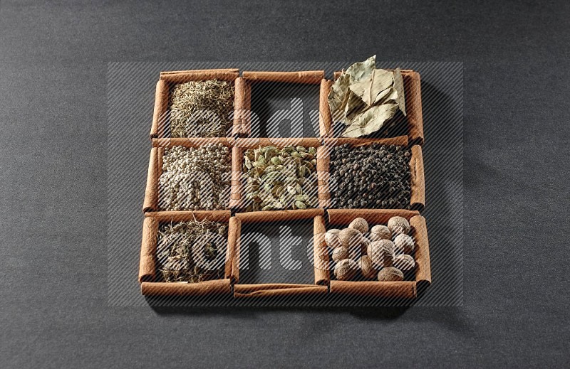 9 squares of cinnamon sticks full of cardamom in the middle surrounded by nutmeg, black pepper, bay laurel leaves, allspice, cumin, white pepper, dried basil and salt on black flooring