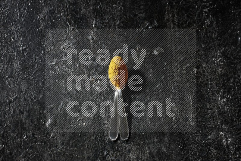 2 metal spoons full of turmeric powder on a textured black background