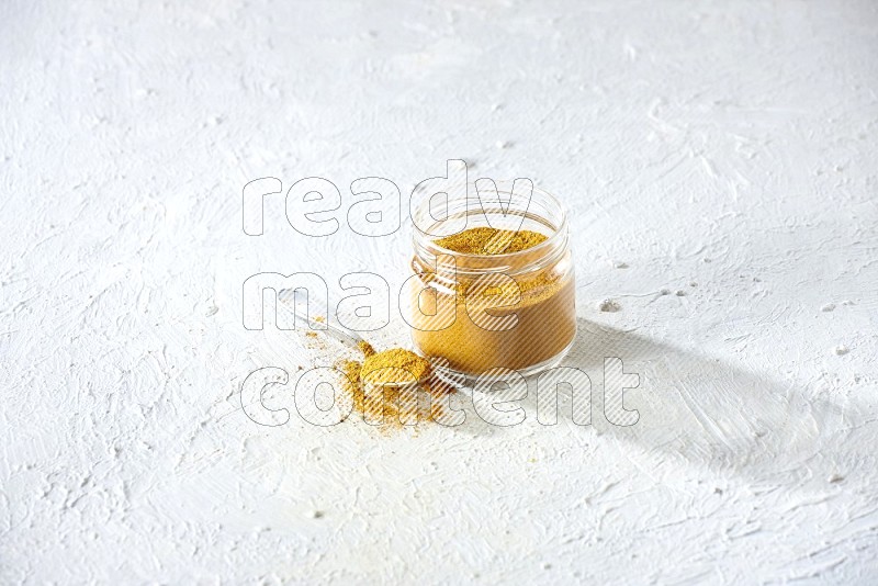 A glass jar and a metal spoon full of turmeric powder on a textured white flooring