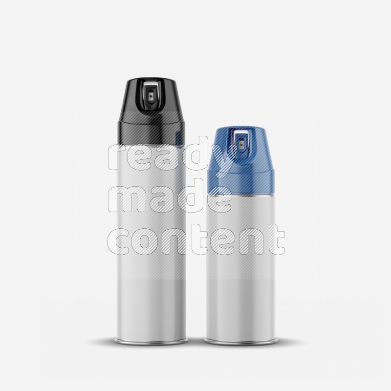 Metal spray bottle mockup with colored plastic cap isolated on white background 3d rendering