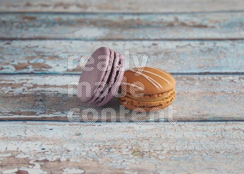 45º Shot of of two assorted Brown Irish Cream, and Purple Blueberry macarons  on light blue background