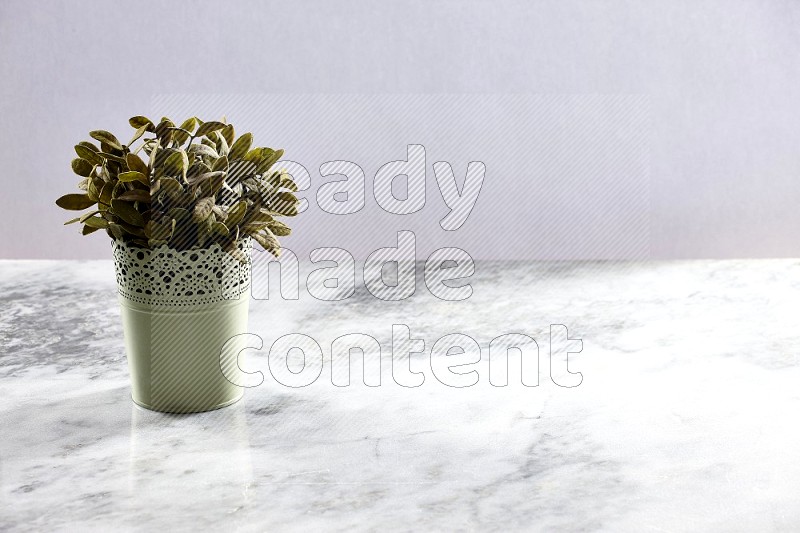 Artificial Plant in Light Green Decorative Pot on Light Grey Marble Background 45 degree angle