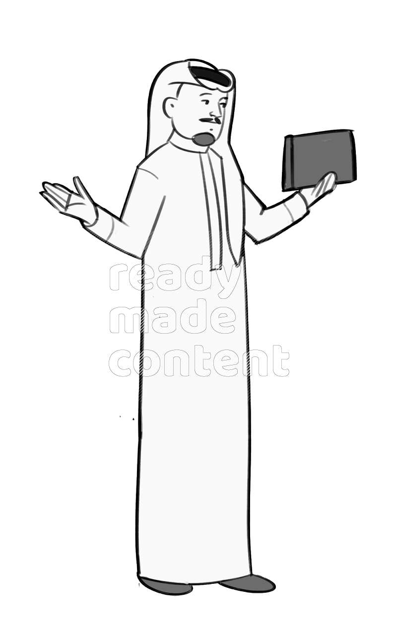 Saudi man holding a book standing different angles eye level