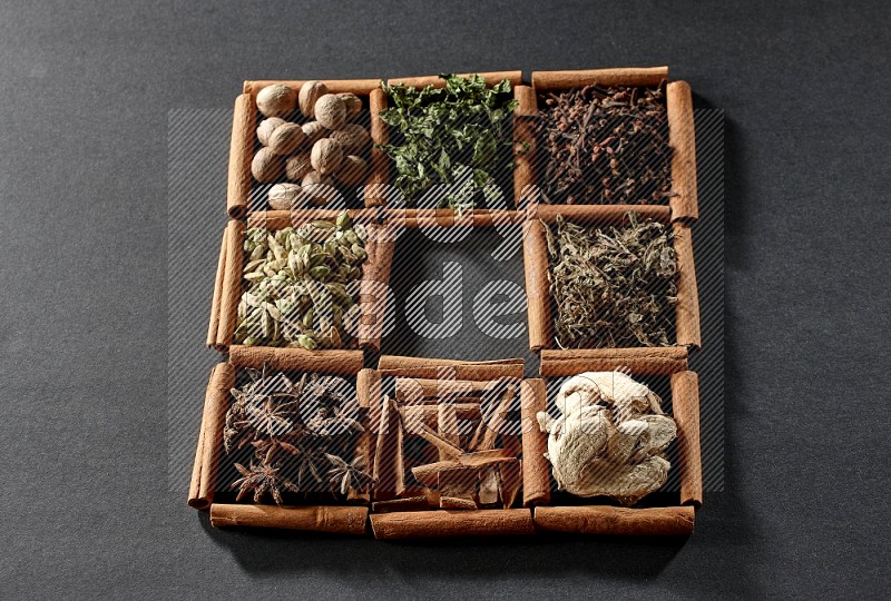 9 squares of cinnamon sticks, the middle square is empty and surrounded with dried mint, dried ginger, cardamom, star anise, cinnamon, nutmeg, dried basil and cloves on black flooring