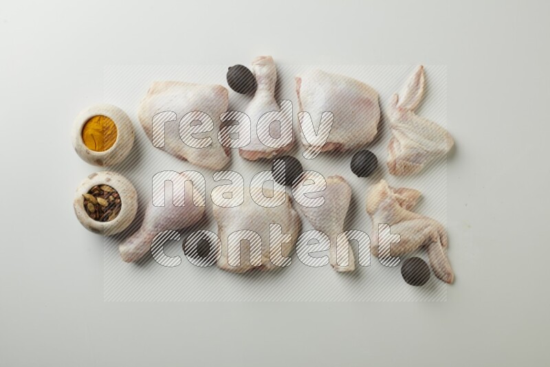 Mixed fresh chicken pieces direct on a white background